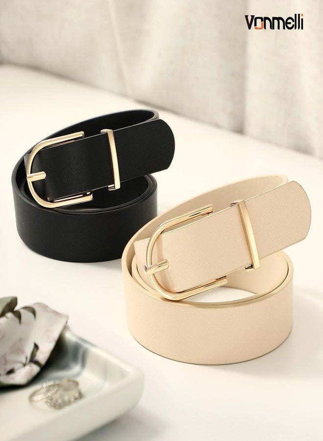 VONMELLI 2 Pack Women's Belts for Jeans Pants Fashion Gold Buckle Ladies Dress Belt Black Beige S - Image 2
